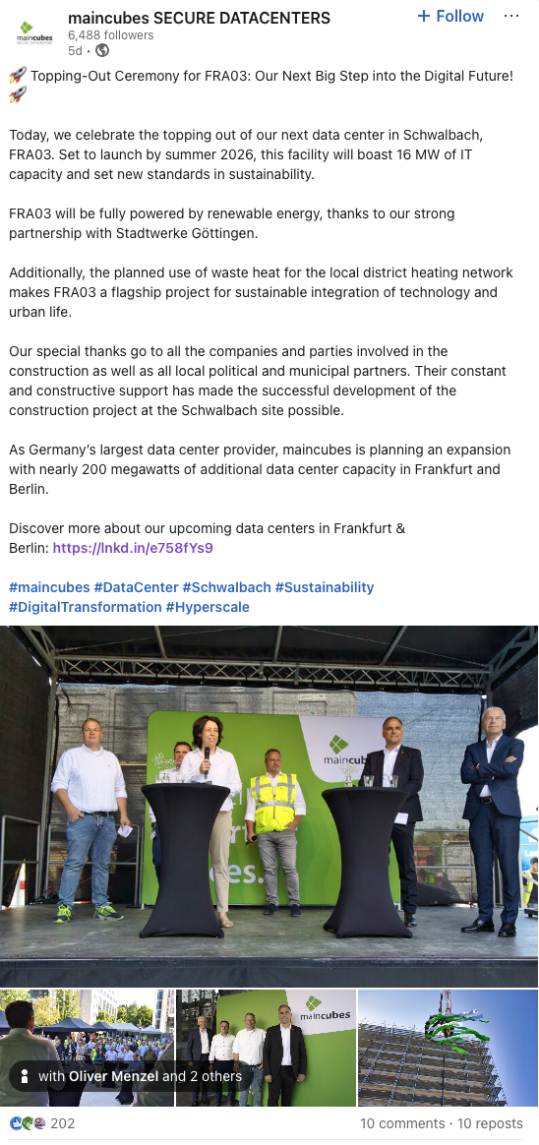 Post von maincubes zu Rechenzentrum FRA03 in Schwalbach bei Frankfurt