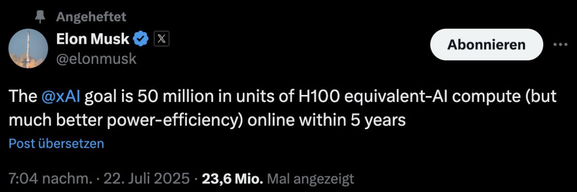 Elon Musk: xAI soll in den kommenden 5 Jahren Kapazitäten von '50 Millionen H100 Äquivalenten' online haben