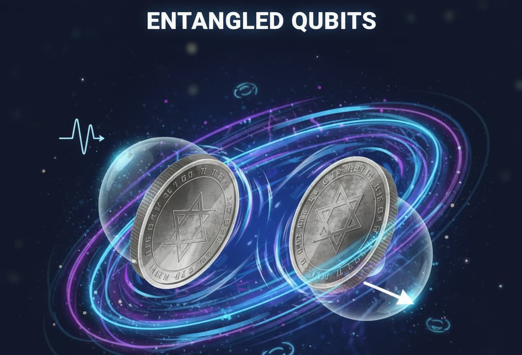 Verschränkte Qubits Zwei verschränkte Qubits dargestellt als zwei verbundene, sich drehende Münzen