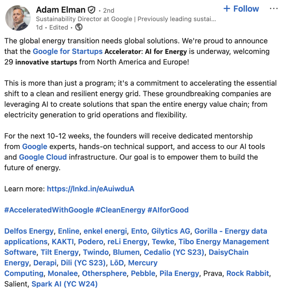 Adam Elman von Google verkündet Aufnahme von 29 Startups in das Google Programm 'AI for Energy'