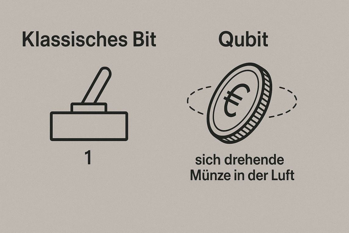 bit vs qubit Vergleich zwischen einem klassischen Bit (Schalter) und einem Qubit (sich drehende Münze in der Luft)