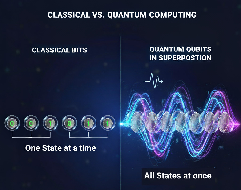 classical bits vs qubits Vergleichsdarstellung - Links: 8 klassische Bits zeigen eine Zahl. Rechts: 8 Qubits in Superposition zeigen alle 256 Möglichkeiten gleichzeitig als überlagerte Welle