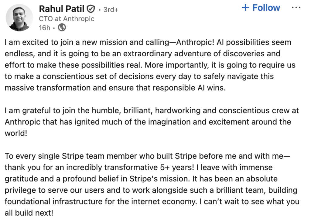 Rahul Patil auf LinkedIn über den Wechsel zu Anthropic
