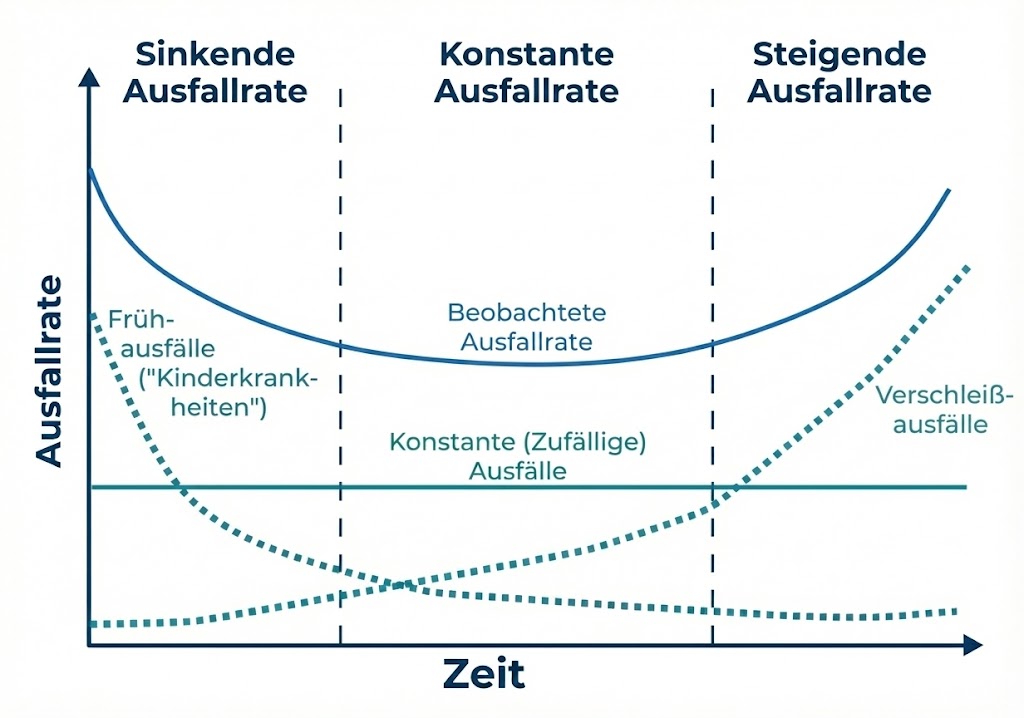 Bathtub Curve (Badewannenkurve): Wahrscheinlichkeit von Hardwareproblemen in Abhängigkeit des Alters der Hardware