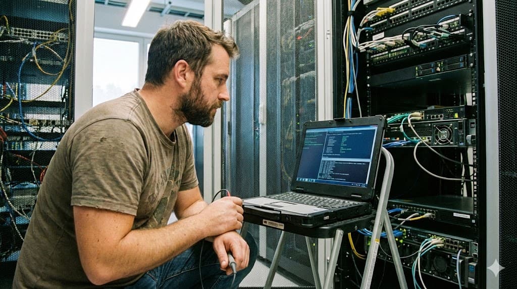 IT-Wartung: Techniker prüft Server