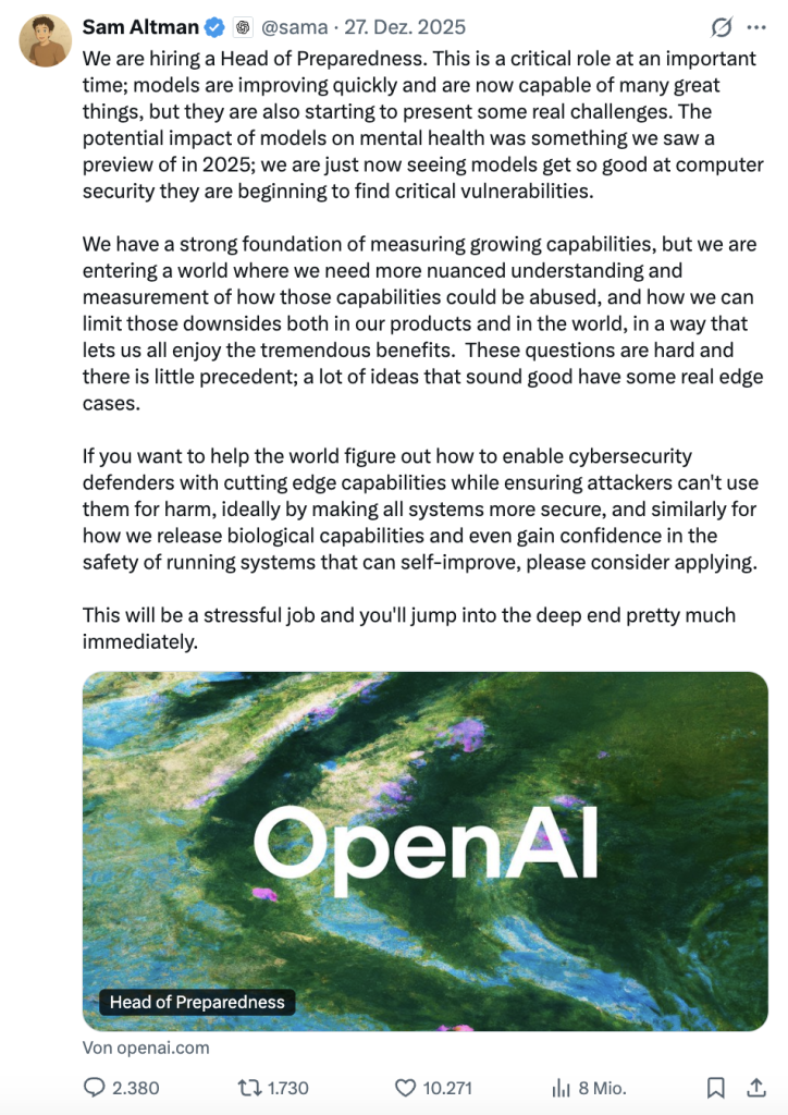 OpenAI sucht 'Head of Preparedness' - Post von Sam Altman auf X