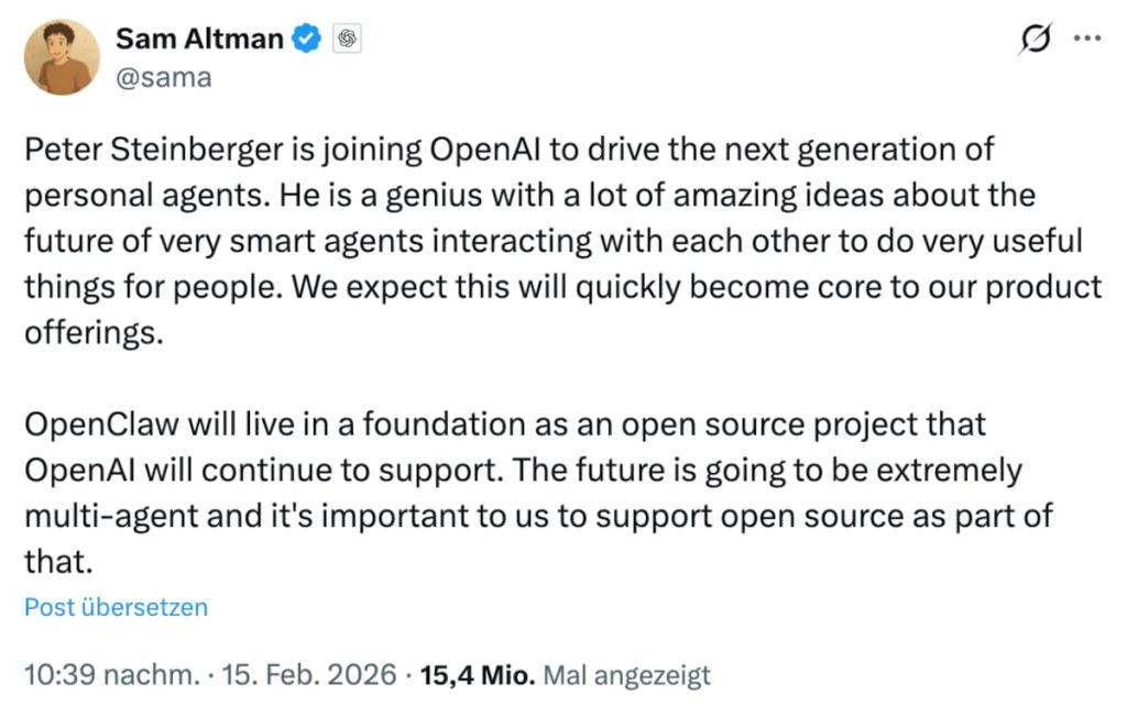 Sam Altman bestätigt den Wechsel von Peter Steinberger zu OpenAI
