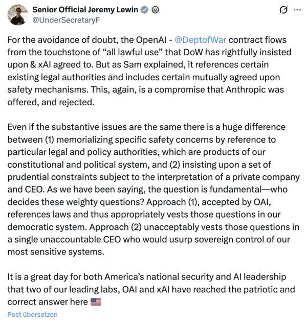 Jeremy Lewin auf X zum Deal zwischen OpenAI und dem US-Kriegsministerium