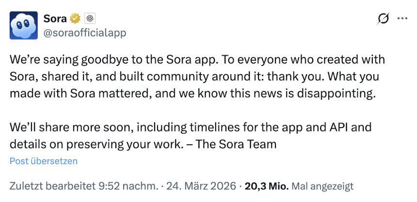 OpenAI stellt Sora ein: Nachricht auf X