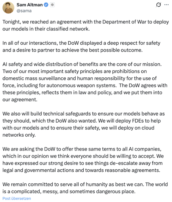 Sam Altman auf X zum Deal von OpenAI mit dem US-Kriegsministerium