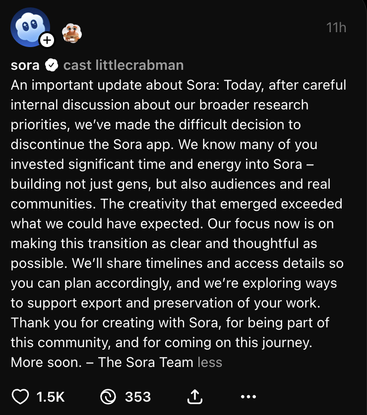 Sora wird beendet: Chatnachricht an die Nutzer in Sora