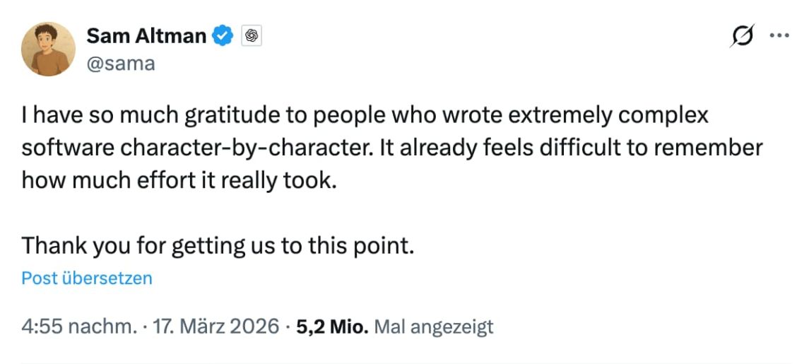 Sam Altman bedankt sich auf X bei Softwareentwicklern