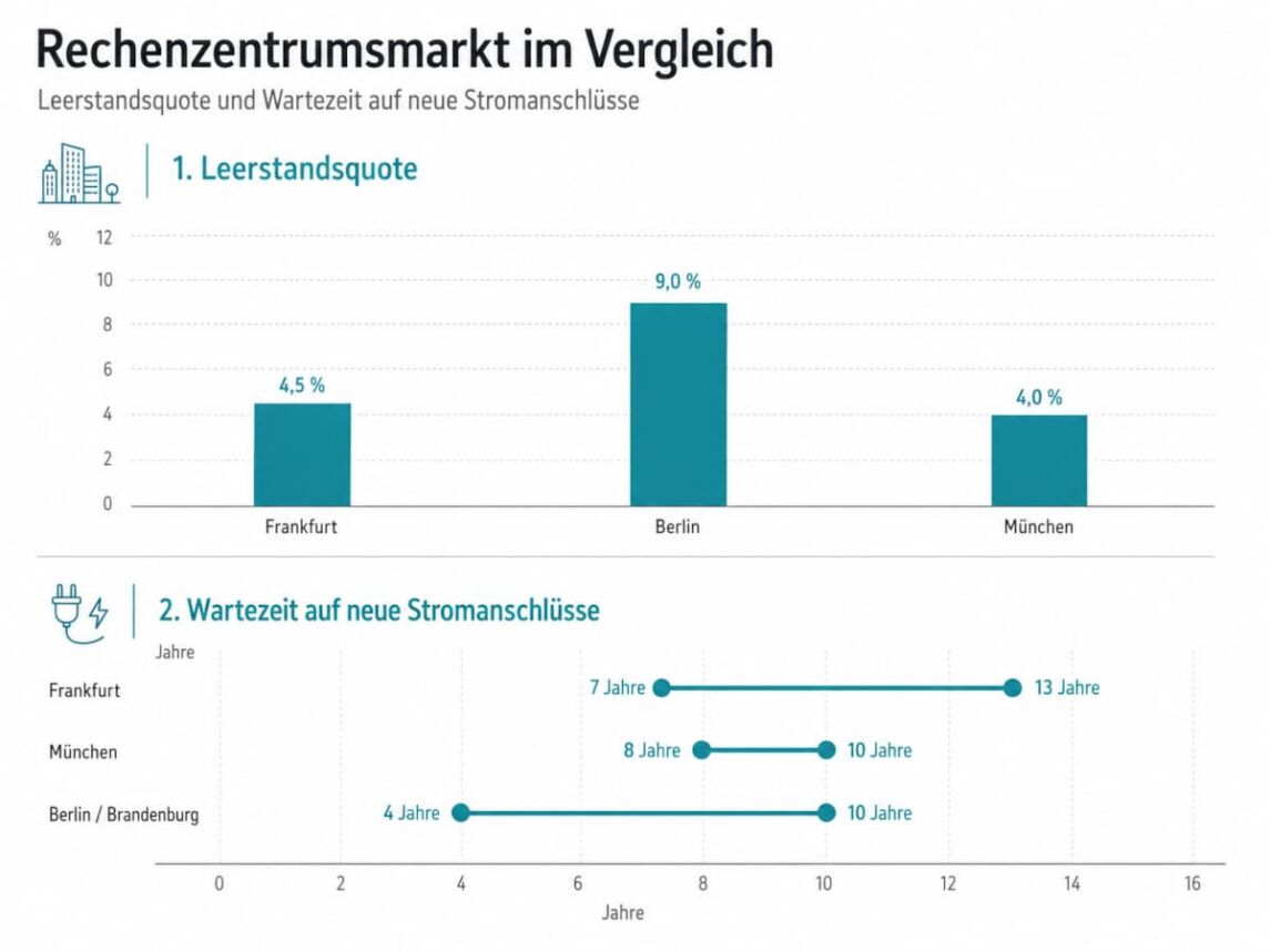 Infografik Leerstandsquote und Anschlusszeit Rechenzentren in Frankfurt, Berlin / Brandenburg und München