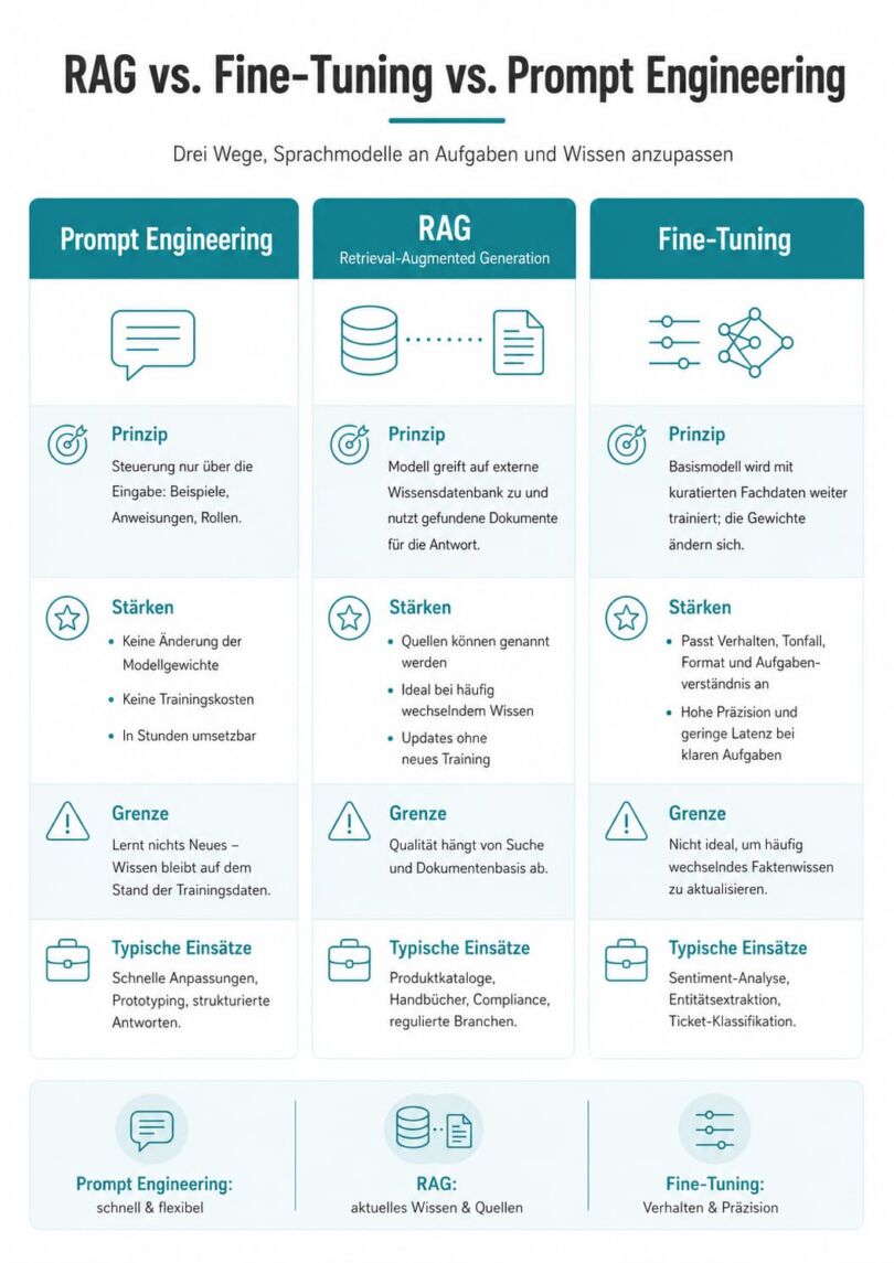 Prompt Engineering, RAG und Fine-Tuning im Vergleich