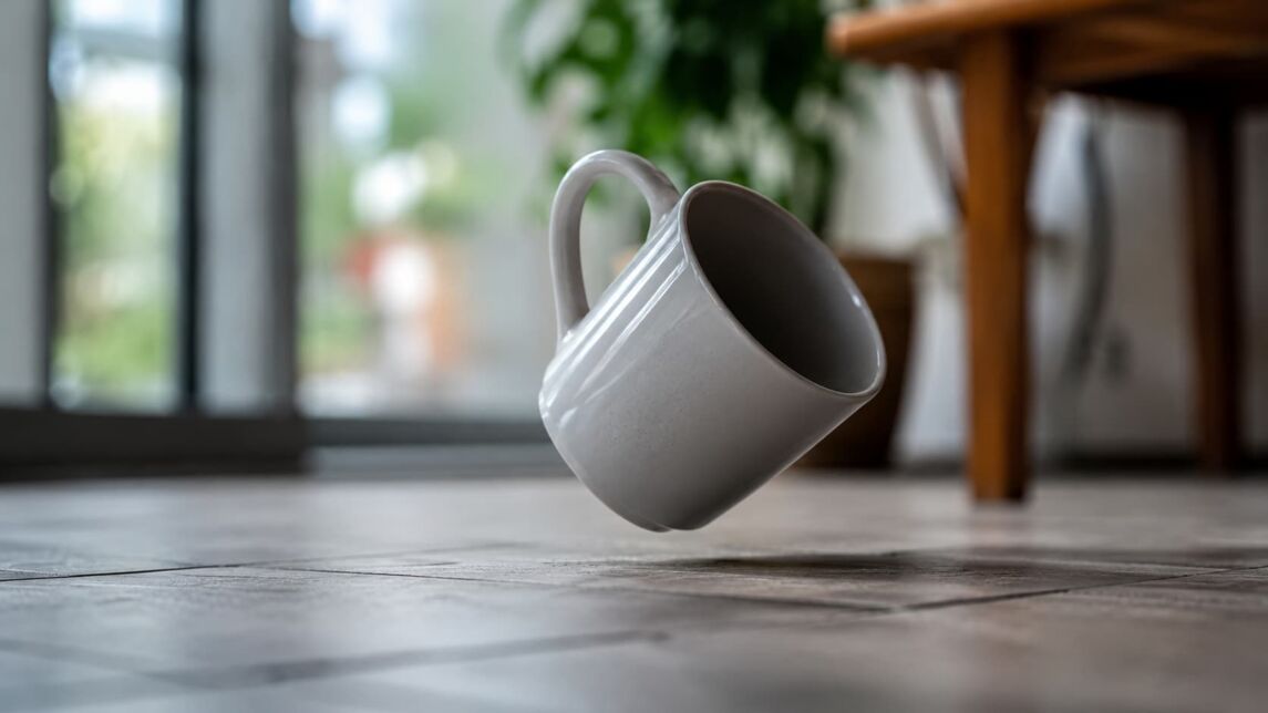 Eine Tasse fällt auf den Boden